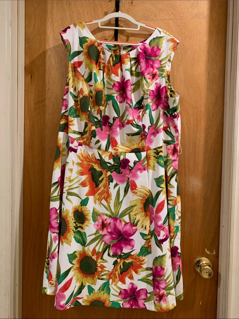 Dress Barn White Midi Dress with Pink, Yellow & Green Floral Print